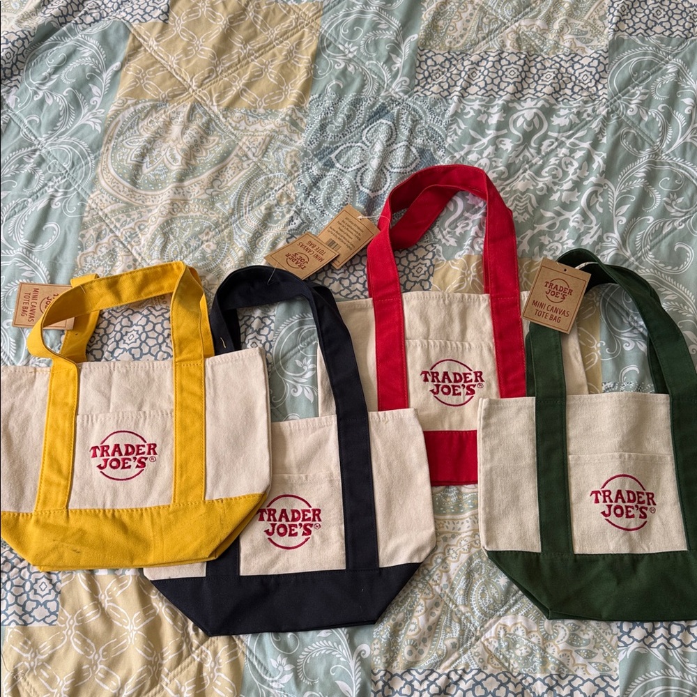 Trader Joe's Canvas Tote Bag Set of 4 - Red, Yellow, Green, and Navy